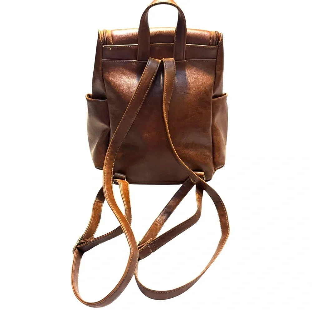 Connections Mini Backpack Tan Cognac Faux Leather Brass-tone Hardware Brown Intr
